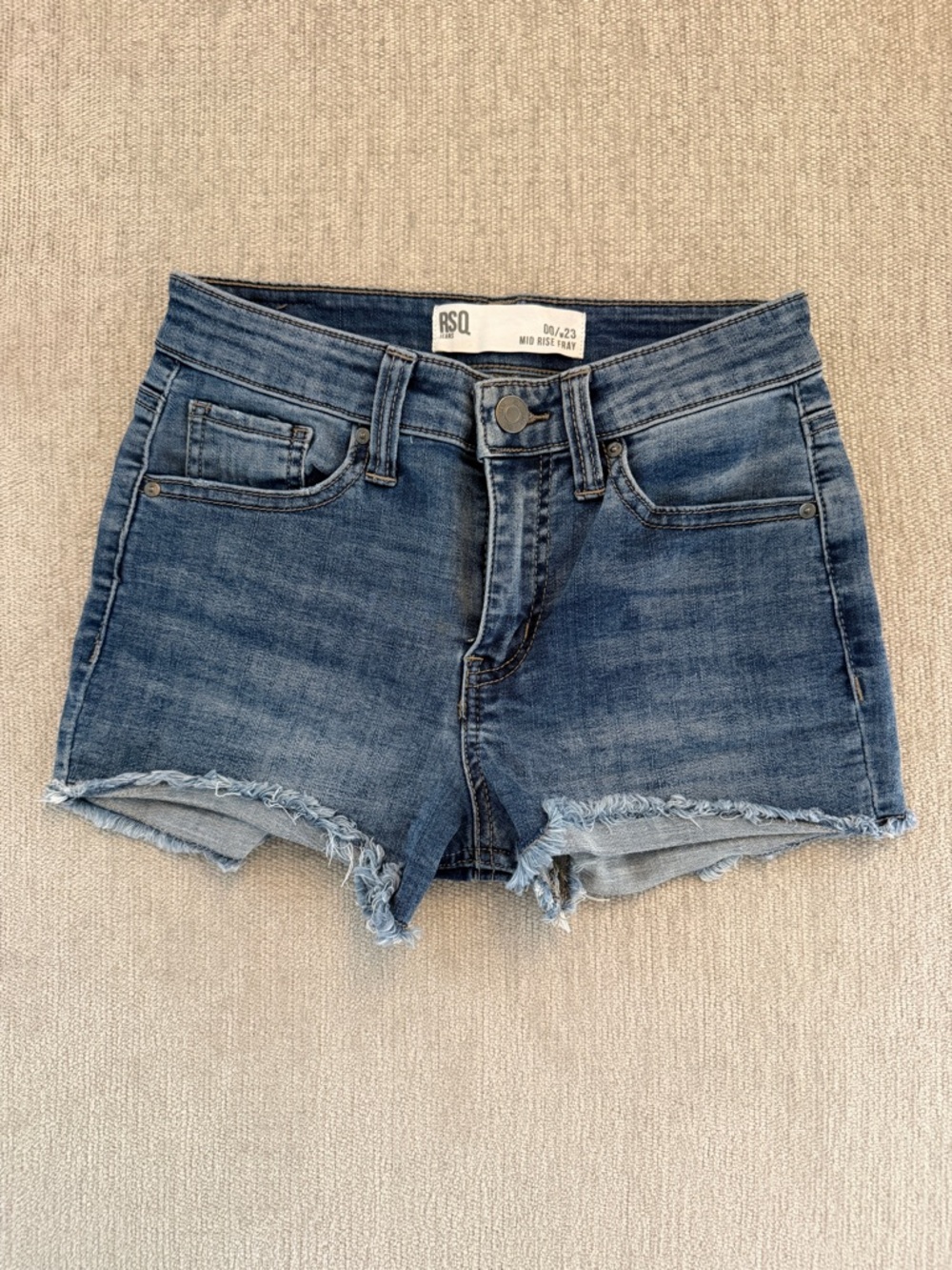 RSQ Dark Blue Frayed Hem Mid-Rise Mini Denim Shorts